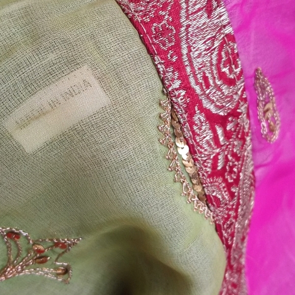 Antique Vintage Batik Sheer Pink Red Green Gold Sequins Embroidered Pillow Sham - Picture 11 of 13